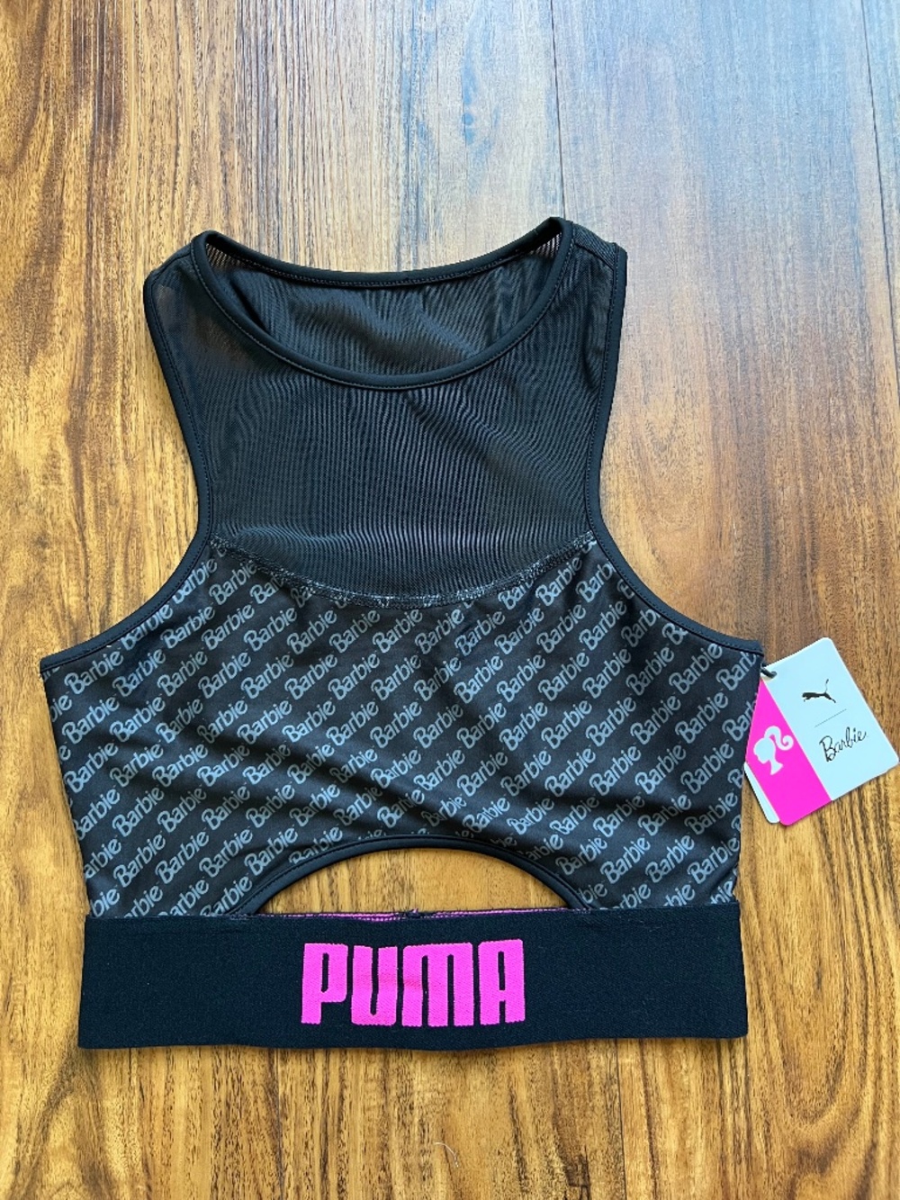 💕 PUMA x Barbie Crop Top – Black All-Over Barbie Print – XS – NWT